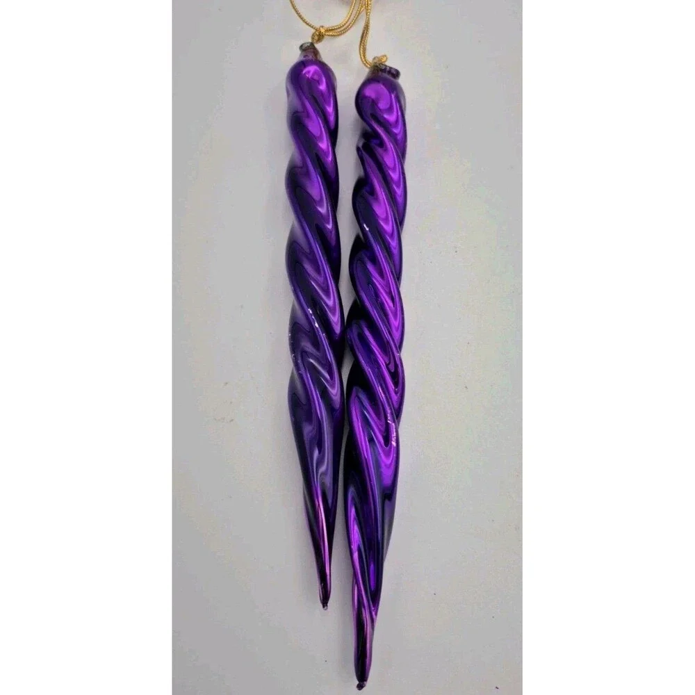 Vintage  4 Hand Blown Glass Swirl Icicle Christmas Ornmnts Green Purple M/Egypt
